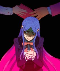 Rule 34 | 1boy, 2girls, akamatsu kaede, black background, black skirt, blue hair, blush, bow, bowtie, breasts, buttons, collared shirt, danganronpa (series), danganronpa v3: killing harmony, double-breasted, glasses, highres, jacket, large breasts, long hair, lovepoints, momota kaito, multiple girls, open clothes, open jacket, own hands together, parted bangs, pink background, pink bow, pink bowtie, shirogane tsumugi, shirt, skirt, solo focus, sweat