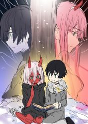 Rule 34 | 10s, 1boy, 1girl, :d, bandaged foot, bandages, black hair, black robe, blush, book, breasts, coat, colored skin, darling in the franxx, finger to mouth, fingernails, fur-trimmed coat, fur-trimmed sleeves, fur trim, green eyes, grey coat, hair between eyes, highres, hiro (darling in the franxx), hiroki (hirokiart), holding, holding book, hood, hood down, hooded robe, horns, long fingernails, long hair, medium breasts, no nipples, nude, open mouth, parted lips, pink hair, profile, red skin, robe, sharp teeth, smile, snow, teeth, tree, very long hair, zero two (darling in the franxx)