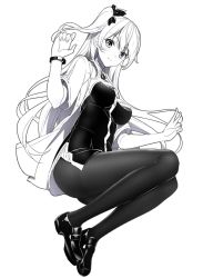 Rule 34 | 1girl, blush, breasts, closed mouth, commentary, dress, emily stock, fingernails, full body, greyscale, hair between eyes, hair ornament, hands up, jacket, loafers, long hair, medium breasts, monochrome, one side up, open clothes, open jacket, original, pantyhose, ririko (zhuoyandesailaer), shoes, short sleeves, simple background, smile, solo, symbol-only commentary, thighband pantyhose, v, very long hair, white background