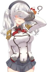 Rule 34 | 1girl, ?, absurdres, beret, black hat, black skirt, breasts, covering own eyes, epaulettes, frilled sleeves, frills, gloves, hat, highres, jacket, kantai collection, kashima (kancolle), kerchief, large breasts, military, military jacket, military uniform, miniskirt, namaata, neckerchief, pleated skirt, red neckerchief, silver hair, skirt, solo, twintails, uniform, wavy hair, white gloves, white jacket