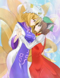 Rule 34 | 2girls, animal ears, animal hat, blonde hair, blush, brown hair, cat ears, cat girl, chen, china dress, chinese clothes, couple, dress, earrings, female focus, fox ears, fox tail, haku rin, hat, holding, holding hands, jewelry, jpeg artifacts, long sleeves, looking at another, mob cap, multiple girls, multiple tails, mob cap, shirosuzu, short hair, tail, tassel, touhou, wide sleeves, yakumo ran, yuri