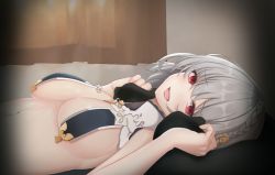 Rule 34 | 1girl, :d, azur lane, blush, braid, breast curtains, breasts, commentary request, curtains, flower, from side, hair flower, hair ornament, highres, indoors, large breasts, looking at viewer, looking to the side, lying, navel, nurumaru yu, on back, open mouth, pillow, red eyes, revealing clothes, rose, short hair, silver hair, sirius (azur lane), sirius (azure horizons) (azur lane), smile, solo, yellow flower, yellow rose