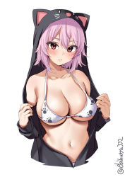 Rule 34 | 1girl, :o, alternate costume, animal ears, black jacket, blush, bra, breasts, cat ears, collarbone, cowboy shot, ebifurya, fake animal ears, hair between eyes, highres, hood, hooded jacket, jacket, kantai collection, large breasts, looking at viewer, one-hour drawing challenge, open clothes, open jacket, paw print, pink hair, red eyes, short hair, simple background, smile, solo, tama (kancolle), twitter username, underwear, white background, white bra