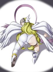 Rule 34 | 1girl, all fours, angel, angel wings, angewomon, ass, ass cutout, asymmetrical ass, asymmetrical ass cutout, asymmetrical clothes, asymmetrical footwear, blonde hair, cameltoe, clothing cutout, covered eyes, digimon, digimon (creature), digimon adventure, fat mons, from behind, half ass, head wings, helmet, high heels, highres, hinokawa jun, kneeling, long hair, mismatched footwear, multiple wings, open mouth, ribbon, shoes, solo, thick thighs, thigh strap, thighs, very long hair, visor, wings