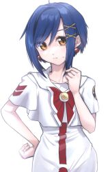 Rule 34 | 1girl, aika granzchesta, aogirism, aria (manga), blue hair, blush, bow, bowtie, brown eyes, closed mouth, collarbone, commentary request, cowboy shot, dress, earrings, hair between eyes, hair ornament, twirling hair, hand on own hip, hand up, highres, himeya company uniform, jewelry, looking at viewer, parted bangs, print dress, red bow, red bowtie, short hair with long locks, short sleeves, simple background, solo, sweatdrop, swept bangs, white background, white dress, x hair ornament