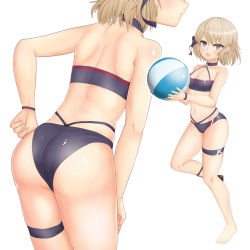Rule 34 | 1girl, :d, ass, azur lane, back, ball, bare shoulders, beachball, bikini, black bikini, black bow, black choker, black legwear, blue eyes, blush, bow, breasts, bridal garter, choker, cleavage, collarbone, commentary request, cowboy shot, from behind, full body, groin, hair between eyes, hair bow, halterneck, hand on own hip, highleg, highleg bikini, highres, holding, holding ball, leaning forward, light brown hair, looking at viewer, medium breasts, midriff, multi-strapped bikini, navel, open mouth, short hair, sidelocks, sigeranai, simple background, single sock, smile, socks, standing, swimsuit, thigh strap, white background, wristband, z23 (azur lane), z23 (breezy doubles) (azur lane)