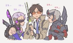 Rule 34 | 1boy, 2girls, air orchid valkyrie, animification, apex legends, azure blessing valkyrie, biwon blade, blue necktie, blush, brown eyes, brown hair, brown jacket, collared shirt, crypto (apex legends), girl sandwich, grey background, grey hair, head-mounted display, highres, holding, holding knife, holding sword, holding weapon, inconspicuous crypto, jacket, knife, looking down, multiple girls, necktie, nojima minami, official alternate costume, parted hair, pout, purple hair, sandwiched, shirt, short hair, simple background, sunglasses, sweat, sword, upper body, valkyrie (apex legends), weapon, white shirt