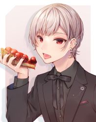 Rule 34 | 1boy, black bow, black jacket, black shirt, bow, collared shirt, commentary request, ear piercing, earrings, food, formal, grey background, grey hair, highres, holding, holding food, jacket, jewelry, long sleeves, looking at viewer, male focus, momoirone, nail polish, open clothes, open jacket, original, piercing, red eyes, red nails, shirt, solo, suit, tart (food), two-tone background, upper body, white background