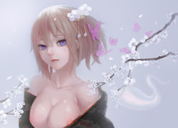 Rule 34 | 1girl, bare shoulders, blonde hair, blue eyes, breasts, breasts out, bug, butterfly, cherry blossoms, cleavage, collarbone, flower, ghost, hair flower, hair ornament, highres, hitodama, insect, japanese clothes, kimono, large breasts, looking at viewer, mag (huangmag), md5 mismatch, nipples, off shoulder, saigyouji yuyuko, solo, touhou, twig, upper body