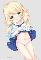 Rule 34 | 1girl, ahoge, blonde hair, blue bow, blue bowtie, blue shirt, blue skirt, blush, bow, bow panties, bowtie, clothes lift, collarbone, commentary request, gluteal fold, green eyes, grey background, hair bow, hair tie, head tilt, highres, idolmaster, idolmaster cinderella girls, lifted by self, long hair, low twintails, navel, open mouth, panties, pink panties, shirt, shizukawashi sumi, simple background, skirt, skirt lift, solo, striped clothes, striped shirt, thigh gap, twintails, twitter username, underwear, vertical-striped clothes, vertical-striped shirt, yusa kozue