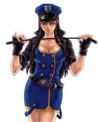 Rule 34 | 1girl, aviator sunglasses, belt, black hair, blue dress, blunt bangs, breasts, character request, cleavage, cropped jacket, dress, female focus, fingerless gloves, gloves, hat, jacket, kinoshita reiko, large breasts, leather, leather jacket, peaked cap, police, police uniform, policewoman, puckered lips, riding crop, short dress, sidelocks, solo, sunglasses, uniform