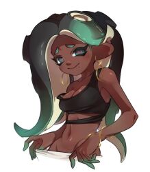 Rule 34 | 1girl, aqua eyes, black hair, breasts, cephalopod eyes, cleavage, closed mouth, colored tips, commentary request, crop top, cropped torso, dark-skinned female, dark skin, earrings, eyelashes, furrowed brow, green hair, ikki (gsl 9708), jewelry, korean commentary, long hair, looking at viewer, marina (splatoon), medium breasts, mole, mole under mouth, multicolored hair, navel, nintendo, octoling, red pupils, simple background, single bare shoulder, smile, solo, splatoon (series), tentacle hair, thick eyebrows, two-tone hair, white background