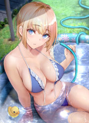 Rule 34 | 1girl, bikini, blonde hair, blue bikini, blue eyes, blurry, blush, breasts, cleavage, collarbone, commentary, cowboy shot, depth of field, frilled bikini, frills, gentsuki, grass, hair between eyes, hair intakes, halterneck, highres, hose, large breasts, looking at viewer, navel, original, outdoors, parted lips, partially submerged, pool, rubber duck, short hair, sitting, solo, stomach, string bikini, swimsuit, thighs, untied bikini, wading pool, water