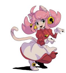 Rule 34 | 1girl, animal ears, bell, black thighhighs, boots, breasts, cat ears, cat tail, gloves, hair bell, hair ornament, mad mew mew, magical girl, medium breasts, one eye closed, pink hair, skirt, solo focus, tail, thighhighs, twintails, undertale, white gloves