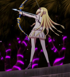 Rule 34 | 10s, 1girl, arrow (projectile), blonde hair, bow (weapon), drill hair, from side, green eyes, high heels, highres, ice, long hair, pantyhose, pleated skirt, rinslet laurenfrost, school uniform, screencap, seirei tsukai no blade dance, skirt, solo, very long hair, weapon