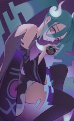 Rule 34 | absurdres, aqua hair, bare shoulders, black thighhighs, creatures (company), detached sleeves, dusk ball, game freak, ghost, ghost miku (project voltage), glitch, gradient hair, grey shirt, hair between eyes, hatsune miku, highres, long hair, looking at viewer, multicolored hair, necktie, nintendo, poke ball, pokemon, project voltage, see-through, see-through skirt, shirori (cilolli), shirt, skirt, thighhighs, twintails, very long hair, vocaloid, will-o&#039;-the-wisp (mythology), yellow eyes