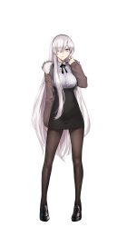 Rule 34 | anastasia (fate), arm behind back, black footwear, black hairband, black ribbon, black skirt, blue eyes, closed mouth, coat, collared shirt, dress shirt, fate/empire of dirt, fate (series), full body, game cg, hair over one eye, hairband, high-waist skirt, highres, loafers, long hair, long sleeves, looking at viewer, miniskirt, neck ribbon, open clothes, open coat, pantyhose, pencil skirt, ribbon, shirt, shoes, skirt, straight hair, transparent background, tsuki tokage, very long hair, white hair, white shirt, wing collar