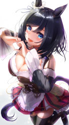 Rule 34 | 1girl, absurdres, animal ears, apron, arms up, bag, black footwear, black hair, black thighhighs, blue eyes, breasts, choker, cleavage, corset, cowboy shot, detached sleeves, dirndl, dress, eishin flash (umamusume), female focus, frilled dress, frilled skirt, frilled sleeves, frills, fujimoto setsuna, german clothes, hair ribbon, happy, heart, heart hands, high heels, highres, horse ears, horse girl, horse tail, large breasts, leg up, looking at viewer, medium hair, open mouth, red neckwear, red skirt, ribbon, satchel, scrunchie, simple background, skirt, smile, solo, striped clothes, striped skirt, sweatdrop, swept bangs, tail, thighhighs, umamusume, waist apron, white background, white ribbon