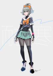 Rule 34 | 1girl, aqua hair, black pantyhose, boots, breasts, callan (callancoe), covered navel, fingerless gloves, gloves, kantai collection, leotard, leotard under clothes, looking at viewer, pantyhose, pleated skirt, ponytail, school uniform, serafuku, skirt, smile, solo, thighhighs, thighhighs over pantyhose, yuubari (kancolle)