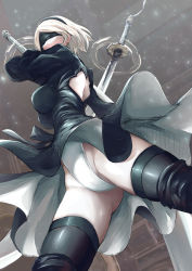 Rule 34 | 1girl, absurdres, akita hika, arm at side, back cutout, backless dress, backless outfit, bad id, bad pixiv id, black dress, black footwear, black gloves, black hairband, black ribbon, black thighhighs, blindfold, boots, breasts, clothes lift, clothing cutout, covered eyes, cowboy shot, dress, gloves, gluteal fold, groin, hairband, hand up, highleg, highleg leotard, highres, holding, holding sword, holding weapon, juliet sleeves, katana, legs apart, leotard, long sleeves, medium breasts, nier:automata, nier (series), parted bangs, puffy sleeves, ribbed dress, ribbon, short dress, short hair, side slit, silver hair, skirt, skirt lift, solo, standing, sword, tassel, thigh boots, thighhighs, upskirt, weapon, weapon on back, white leotard, wind, wind lift, 2b (nier:automata)