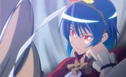 Rule 34 | 1girl, anime coloring, blue hair, head rest, female focus, h-new, hand on own cheek, hand on own face, raised eyebrow, red eyes, rope, shimenawa, short hair, slit pupils, solo, touhou, yasaka kanako