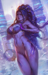 Rule 34 | 1girl, black hair, blue eyes, blurry, blurry background, bottomless, bracelet, breasts, colored skin, dreadlocks, earrings, final fantasy, final fantasy x, fingerless gloves, gloves, hands on own chest, highres, ice, jewelry, large breasts, lips, looking at viewer, navel, parted lips, purple gloves, purple skin, pussy, shiva (final fantasy), solo, tixnen, uncensored