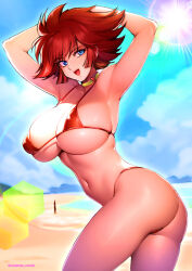Rule 34 | 1girl, armpits, arms behind head, arms up, artist name, ass, beach, bikini, blue eyes, blue sky, breasts, choker, cleavage, cloud, cloudy sky, collarbone, commentary request, covered erect nipples, cutie honey, day, highleg, highleg bikini, highres, kisaragi honey, large breasts, looking at viewer, navel, open mouth, outdoors, oyaman, red bikini, red hair, shiny skin, shore, short hair, signature, simple background, sky, smile, stomach, sunlight, swimsuit, teeth, thighs, twisted torso, upper teeth only, water