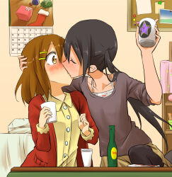 Rule 34 | 2girls, alcohol, beer, beer can, black hair, black pantyhose, blush, brown eyes, brown hair, buttoned shirt, calendar, can, closed eyes, collarbone, corked bottle, cup, drink, drink can, drunk, embarrassed, hamioura, hirasawa yui, holding, holding cup, indoors, k-on!, kiss, kotatsu, long hair, long sleeve shirt, long sleeves, multiple girls, nakano azusa, pantyhose, source request, star (symbol), table, yuri