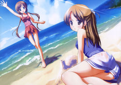 Rule 34 | 2girls, :d, absurdres, barefoot, beach, blush, brown eyes, brown hair, casual one-piece swimsuit, day, dutch angle, feet, from behind, hair ornament, hairclip, highres, long hair, multiple girls, ocean, one-piece swimsuit, open mouth, original, outdoors, sitting, smile, sunlight, swimsuit, takoyaki (roast), twintails, water, waving, yokozuwari