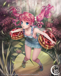 Rule 34 | 1girl, blue eyes, bush, carrying, carrying under arm, dawkinsia, dessert, dress, food, forest, gelatin, hair bobbles, hair ornament, leaf, lily pad, long hair, mini person, minigirl, nature, original, outstretched arms, overalls, pink hair, plant, shoes, sleeveless, sneakers, socks, solo, standing, tree, twintails, water