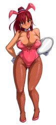 Rule 34 | 10s, 1girl, animal ears, bellows (suisei no gargantia), blue eyes, blush, breasts, detached collar, fake animal ears, fishnet pantyhose, fishnets, hair ornament, high heels, huge breasts, leotard, long hair, necktie, pantyhose, playboy bunny, ponytail, rabbit ears, rabbit tail, simple background, smile, solo, suisei no gargantia, tail, tray, tsuda nanafushi, white background, wrist cuffs