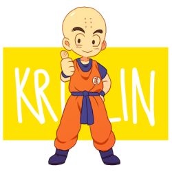 Rule 34 | 1boy, :&gt;, bald, belt, boots, character name, dragon ball, emblem, facial mark, forehead mark, full body, hand on own hip, kuririn, looking at viewer, lowres, male focus, mushroomcatnumberplate, no nose, pants, short sleeves, solo, standing, thumbs up, transparent background, uniform, white background, wristband