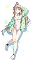 1girl absurdres barefoot bikini blunt_bangs breasts brown_hair full_body green_jacket highres hood hooded_jacket hoodie jacket long_hair looking_at_viewer medium_breasts one_eye_closed original red_eyes shading_eyes solo swimsuit white_bikini zoirun