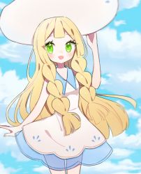 Rule 34 | 1girl, :d, aliceyawnin, bad id, bad tumblr id, blonde hair, blue sky, cloud, cloudy sky, commentary, creatures (company), day, dress, english commentary, eyelashes, flat chest, game freak, green eyes, happy, lillie (pokemon), long hair, looking at viewer, nintendo, open mouth, outdoors, pokemon, pokemon sm, sky, smile, solo, white dress