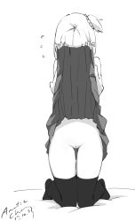 Rule 34 | 1girl, artist name, clothes lift, dated, embarrassed, flying sweatdrops, full body, greyscale, highres, kneeling, lifted by self, monochrome, no panties, original, pussy, shirt, simple background, skirt, skirt lift, solo, tabata hisayuki, thighhighs, white background