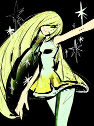 1girl bare_shoulders black_background blonde_hair creatures_(company) dress game_freak gem green_eyes hair_over_one_eye highres long_hair looking_at_viewer lusamine_(pokemon) nintendo pantyhose pokemon pokemon_sm simple_background sleeveless smile solo sparkle standing upper_body white_dress white_pantyhose zs_(zero_sickkkzs)