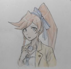 Rule 34 | 1girl, ace attorney, athena cykes, blue eyes, blue necktie, blue ribbon, breasts, cleavage, collarbone, collared shirt, crescent, crescent earrings, cropped torso, earrings, female focus, godzillapigeon1, hair ribbon, hand up, highres, jacket, jewelry, long hair, looking at viewer, necklace, necktie, open clothes, open jacket, open mouth, orange hair, phoenix wright: ace attorney - dual destinies, pin, ribbon, shirt, side ponytail, sidelocks, simple background, single earring, small breasts, solo, swept bangs, teeth, traditional media, upper body, white background, white shirt, yellow jacket