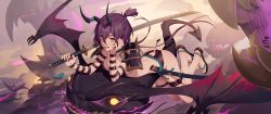 Rule 34 | 1girl, breasts, clothing cutout, fangs, highres, horns, katana, looking at viewer, lying, medium breasts, monster, on stomach, oni, oni horns, open mouth, original, purple hair, rekaerb maerd, slit pupils, smile, sword, tail, tail through clothes, weapon, yellow eyes