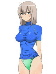 Rule 34 | 10s, 1girl, arms behind back, blue eyes, blush, bodysuit, breasts, commentary request, covered erect nipples, cowboy shot, diving suit, female focus, girls und panzer, green one-piece swimsuit, highres, impossible clothes, impossible shirt, itsumi erika, kagemusha, large breasts, long hair, looking at viewer, one-piece swimsuit, shiny skin, shirt, silver hair, smile, solo, standing, swimsuit, wet, wetsuit, white background