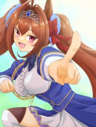 Rule 34 | 1girl, aiguillette, animal ears, blue bow, blue bowtie, blue dress, bow, bowtie, brown hair, center frills, commentary request, daiwa scarlet (umamusume), dress, epaulettes, fang, foreshortening, frills, grey headwear, hair bow, hair intakes, horse ears, horse girl, horse tail, leg up, long hair, long sleeves, looking at viewer, open mouth, pointing, pointing at viewer, purple eyes, red bow, rei (happily-blue-butterfly), running, short dress, smile, solo, tail, tiara, twintails, umamusume, very long hair