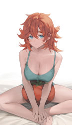 Rule 34 | 1girl, absurdres, alternate hairstyle, aqua eyes, bafangyu, bare legs, bare shoulders, barefoot, breasts, camisole, cleavage, collarbone, covered erect nipples, expressionless, green camisole, gundam, gundam suisei no majo, hair between eyes, highres, holding cushion, indian style, large breasts, looking at viewer, red hair, sitting, solo, spiked hair, spread legs, suletta mercury, thick eyebrows, thighs, tomato, white background