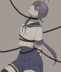 Rule 34 | 1girl, ahoge, akebono (kancolle), arms behind back, bell, black thighhighs, blue neckwear, blue sailor collar, blue skirt, chain, collar, grey background, hair bell, hair between eyes, hair ornament, highres, kantai collection, long hair, parted lips, ponytail, purple eyes, purple hair, sailor collar, school uniform, serafuku, short sleeves, side ponytail, simple background, skirt, solo, sukekiyo (skky 0), thighhighs