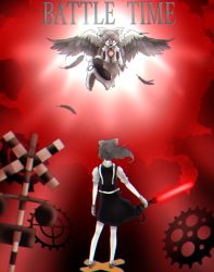 Rule 34 | 2girls, absurdres, barefoot, bird wings, black wings, bow, brown footwear, chromatic aberration, commentary, commentary request, cookie (touhou), daiyousei, diyusi (cookie), english commentary, feathers, flying, full body, gears, hair bow, high-visibility vest, highres, holding, japhet, long hair, looking at another, multiple girls, muted color, nadeko (cookie), nell (qnellp), no pupils, off (game), open mouth, partially colored, puffy short sleeves, puffy sleeves, railroad crossing, reiuji utsuho, shirt, shoes, short sleeves, skirt, smile, socks, third eye, touhou, wide shot, wings