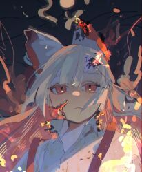 Rule 34 | 1girl, absurdres, bow, burnt clothes, collared shirt, commentary request, crying, crying with eyes open, fire, frown, fujiwara no mokou, hair bow, highres, long hair, looking at viewer, one-hour drawing challenge, parted lips, red bow, red eyes, shi chimi, shirt, solo, suspenders, tears, touhou, two-tone bow, upper body, white bow, white hair, white shirt