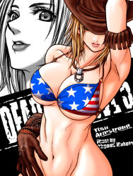 Rule 34 | 1girl, abs, american flag bikini, american flag print, arm up, armpits, artist name, bikini, bikini top only, blonde hair, bottomless, breasts, character name, cleavage, closed eyes, collarbone, cowboy hat, cowboy western, dead or alive, dead or alive 5, flag print, gloves, groin, hat, hat over one eye, huge breasts, jewelry, large breasts, lips, navel, necklace, one eye covered, oogami makoto (artist), out-of-frame censoring, print bikini, short hair, sideboob, solo, swimsuit, tecmo, tina armstrong, toned, underboob, united states