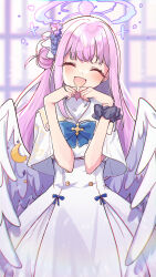 Rule 34 | 1girl, absurdres, blue archive, blue bow, blue bowtie, bow, bowtie, closed eyes, dress, halo, highres, large wings, mika (blue archive), pink hair, school uniform, smile, solo, tiranaihana, white dress, white wings, wings
