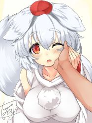 Rule 34 | 1girl, animal ears, blush, breasts, commentary request, detached sleeves, hair between eyes, hand on another&#039;s cheek, hand on another&#039;s face, hand up, hat, inubashiri momiji, looking at viewer, medium breasts, one-hour drawing challenge, one eye closed, open mouth, orange eyes, pom pom (clothes), pov, pov hands, short hair, signature, solo focus, tail, taut clothes, tirotata, tokin hat, touhou, upper body, white hair, wolf ears, wolf tail