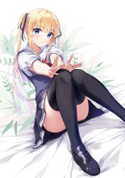 Rule 34 | 1girl, absurdres, ahoge, ass, bed sheet, black thighhighs, blonde hair, blue eyes, blue ribbon, blue skirt, blue vest, closed mouth, convenient leg, floral background, hair ribbon, highres, knees together feet apart, loafers, long hair, looking at viewer, pleated skirt, ribbon, saenai heroine no sodatekata, sailor collar, sawamura spencer eriri, shoes, sitting, skirt, solo, thighhighs, thighs, twintails, vest, white sailor collar, yanagi marie
