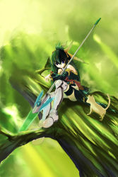 Rule 34 | 1girl, armor, armored boots, bad id, bad pixiv id, bare shoulders, blue eyes, boots, cat, detached sleeves, dress, green hair, hair between eyes, lance, looking at viewer, original, outdoors, polearm, sitting, sleeveless, sleeveless dress, solo, spear, st.microscope, thighhighs, weapon