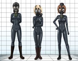 Rule 34 | 3girls, arm at side, arms behind back, blonde hair, blue eyes, bodysuit, boots, braid, brown eyes, brown hair, commentary request, contrapposto, darjeeling (girls und panzer), garrison cap, gas mask, girls und panzer, hair between eyes, hand on own hip, hat, highres, latex, latex bodysuit, legs apart, legs together, looking at viewer, mask, multiple girls, nishizumi maho, nonna (girls und panzer), shiny clothes, short hair, skin tight, tamakko, twin braids, zipper